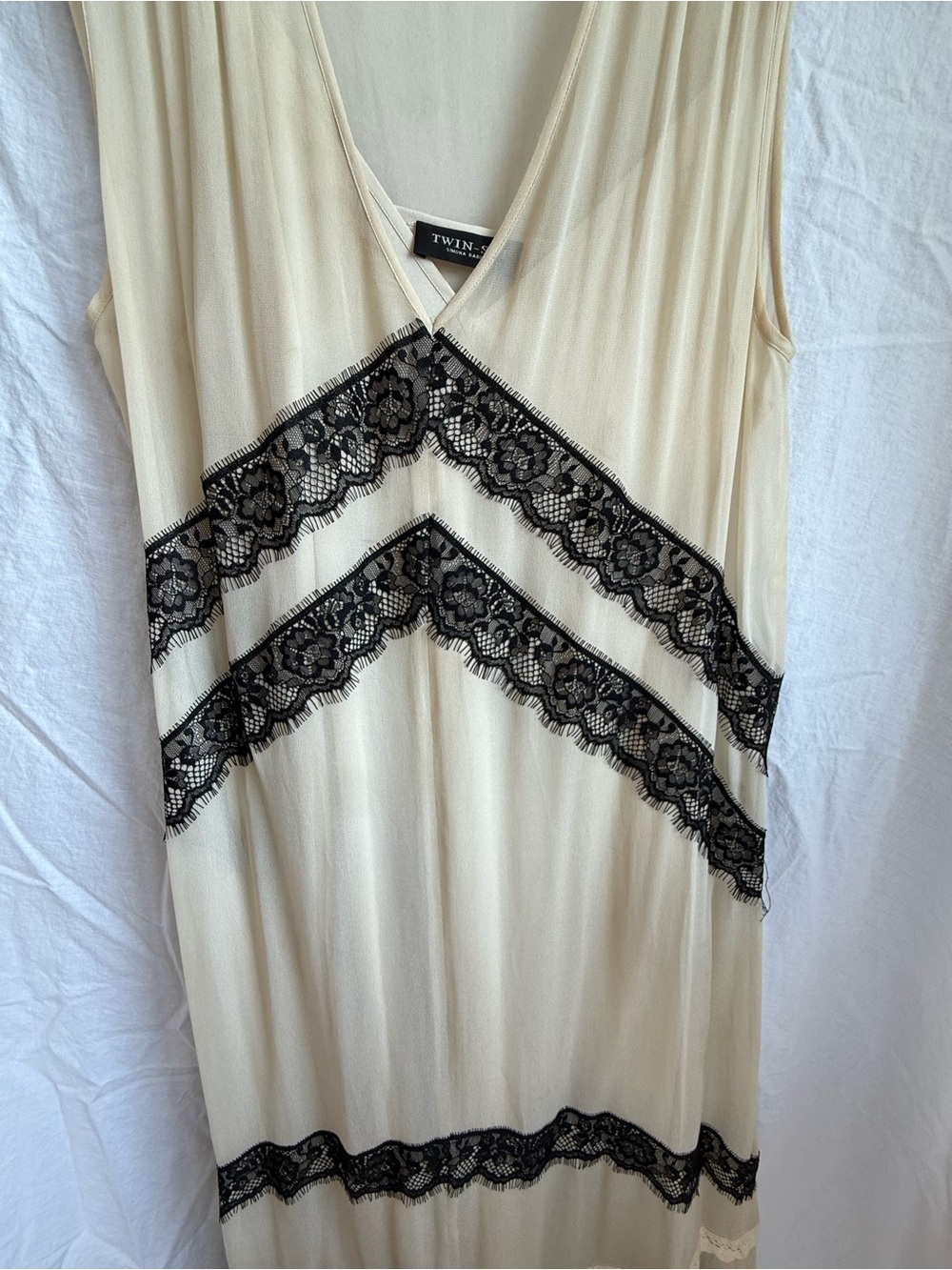 Twin-Set Cream Maxi Dress with Black Lace Chevron Trim
